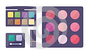 Various eyeshadow palettes and lipstick, decorative cosmetics set. Make up. Vector illustration