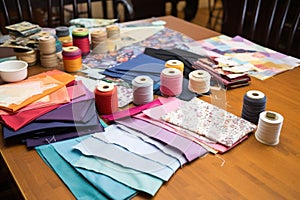 various fabric swatches spread out on a craft table