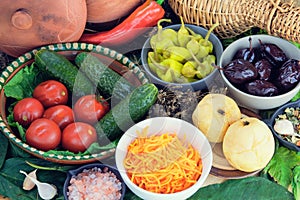 Various fermented food in bowls. Set of marinated products. Healthy food. Pickled vegetables