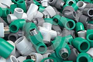 Various fittings of pvc plastic pipes and tubes in heap. Plumbing ackground