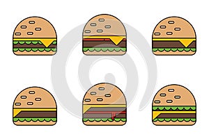 Various flat style hamburger illustration design template isolated in white, suitable for restaurant logo etc