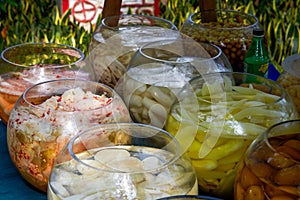 Various flavors of sour food sold at a sour food stall in Nanning, Guangxi, China