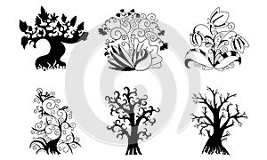 Various Floral Type and Tree Silhoute Illustration