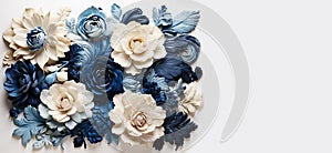 Various flowers in blue and white tonality like romantic art background