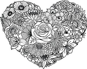 Various flowers in heart shape, for paper cut, laser cut, card making, coloring page