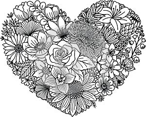 Various flowers in heart shape, for paper cut, laser cut, card making, coloring page