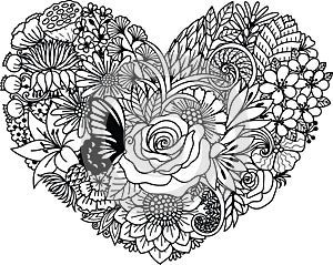 Various flowers in heart shape, for paper cut, laser cut, card making, coloring page