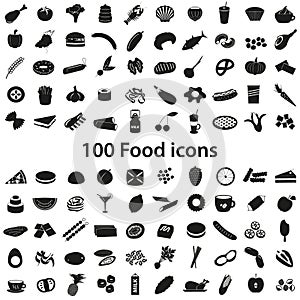 100 various food and drink black icons set