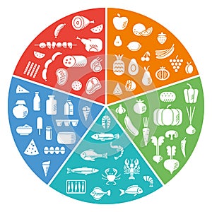 Various food groups in color segments. Meat, seafood, dairy products, vegetables and fruits