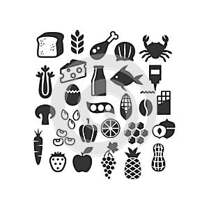 Various food ingredients black vector icon collection.