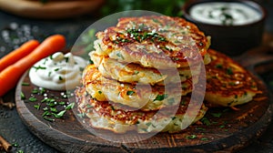 Various food items arranged on a wooden platter photo