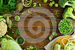 Various foods, fresh herbs and spices on wooden background - cover photo