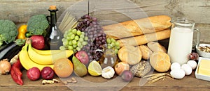 Various foods, mixet on wood background