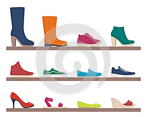 Various footwear, set of icons. Colorful shoes and boots for women and men. Vector illustration. Collection for shop and fashion