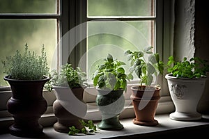 Various fragrant potted plants inside on a windowsill