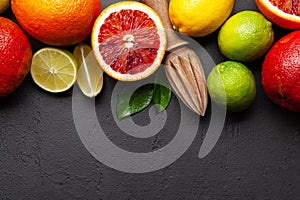 Various fresh citrus fruits. Bood orange, lime, lemon