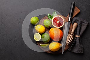 Various fresh citrus fruits. Bood orange, lime, lemon