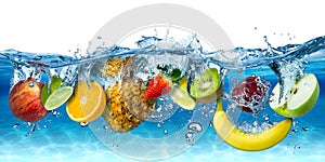 Various fresh colorful tasty fruits splashing into cold water isolated on blue white background. food diet healthy eating