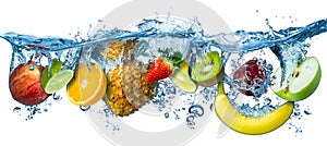 Various fresh colorful tasty fruits splashing into cold water isolated on white background. food diet healthy eating freshness