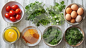 Various fresh cooking ingredients laid out on a surface