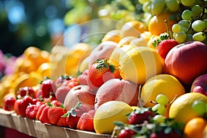 Various fresh fruits and berries at farmers market. Generative AI