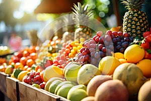 Various fresh fruits and berries at farmers market. Generative AI