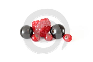 Various fresh fruits berries (raspberries, black currants, red currants) on white background