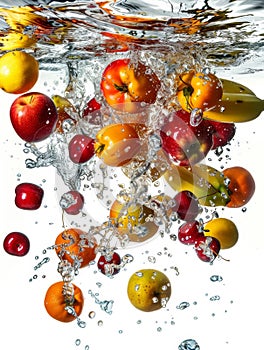 Various fresh fruits diving into water, creating a visually stunning splash that evokes freshness and cleanliness.