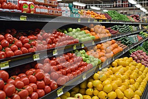 Various fresh fruits and vegetables on a market shelf