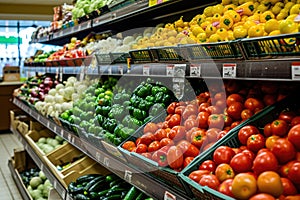 Various fresh fruits and vegetables on a market shelf