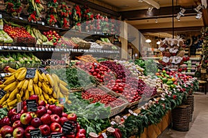 Various fresh fruits and vegetables on a market shelf