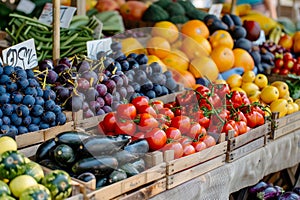 Various fresh fruits and vegetables neatly arranged on display at a farmers market