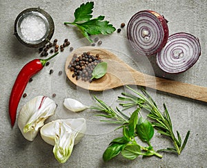 Various fresh herbs and spices