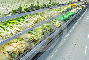 Various fresh organic green vegetables on display in supermarket. Background with lettuce, celery, alo vera, leek. Healthy vegetar