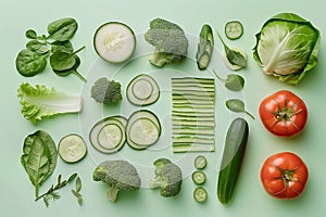 Various fresh vegetables on green background
