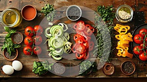 Various fresh vegetables and herbs arranged neatly on a wooden table.