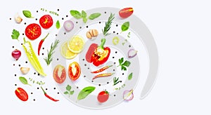 Various fresh vegetables and herbs on over white background. Healthy eating concept