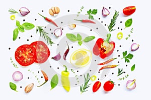 Various fresh vegetables and herbs on over white background. Healthy eating concept
