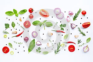 Various fresh vegetables and herbs on white background. Healthy eating concept