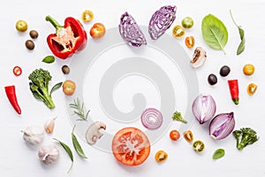 Various fresh vegetables and herbs on white background.Ingredients for cooking concept sweet basil ,tomato ,garlic ,pepper and on