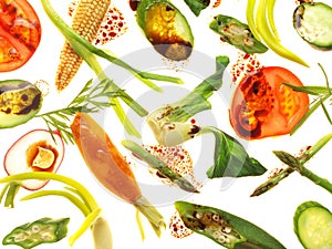 Various Fresh Young Vegetables with Oil and Vinagre on white Background - Isolated