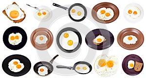 Various fried eggs on plates and pans isolated