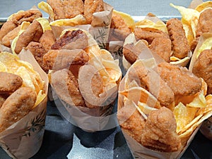 Various fried fish on an outdoor market stall in Barcelona, ??Spain