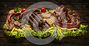 Various fried pork dishes on wooden plate