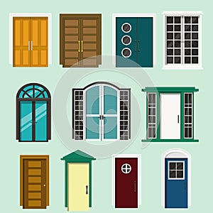Various front door design for houses and building.Set of colorful isolated doors.