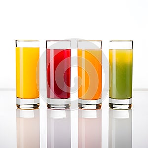 various fruit juices in glasses on white background, ai generative