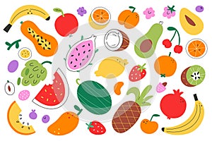 Various fruits bundle, cute mango, kiwi, peach and banana illustration, tropical fruit stickers set, doodle vector