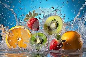 various fruits falling into water, with splashes, freshness, Generated image