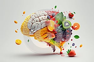 Various Fruits forming a creative brain, Eating healthy food as nutrition to improve memory and thinking. Generative ai