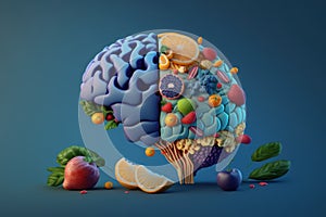 Various Fruits forming a creative brain, Eating healthy food as nutrition to improve memory and thinking. Generative ai